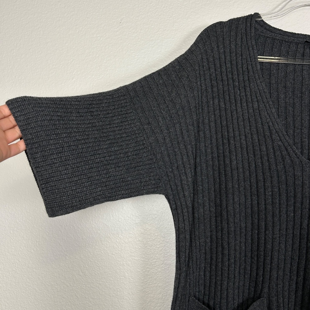 Lafayette 148 size XL short sleeve v-neck sweater 100% wool ribbed gray w pocket - Picture 4 of 11